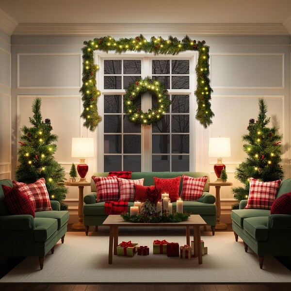 PreLit Holiday Christmas 4Piece Set with LED Lights，Christmas Garlands，Wreath and Set of 2 Entrance Trees