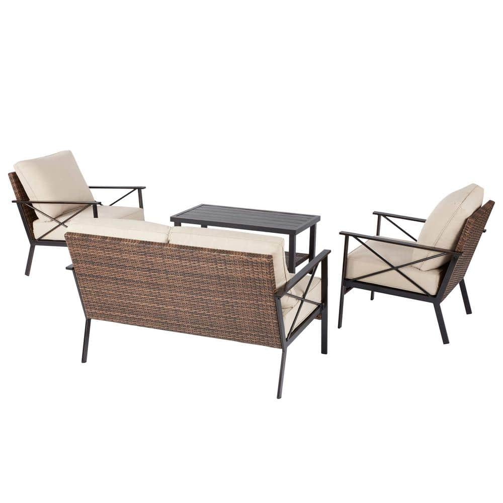 StyleWell Northport 4-Piece Wicker Outdoor Patio Deep Seating Set with Tan Cushions and Coffee Table 632