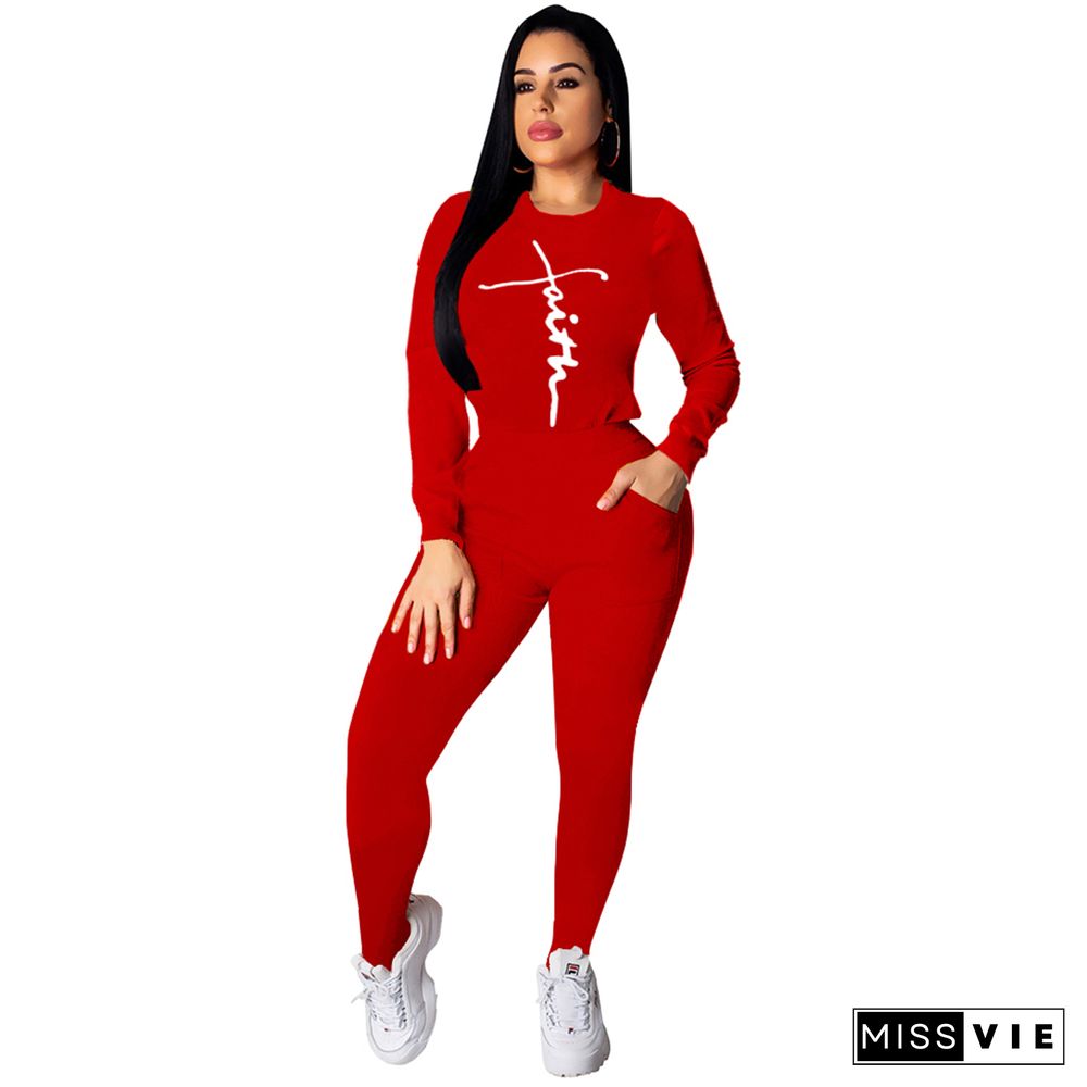 Letter Print Long Sleeve T-shirt and Pants Tracksuit