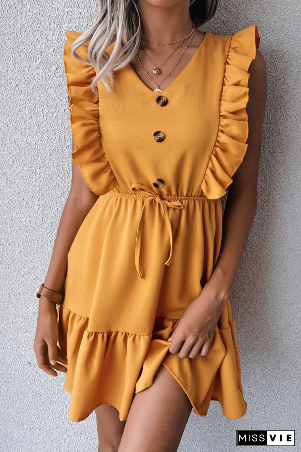 Casual Elegant Solid Buckle Flounce V Neck Waist Skirt Dresses