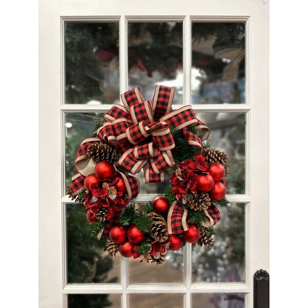 24 Christmas Holiday Evergreen Wreath with Large Plaid Bow and Pinecones