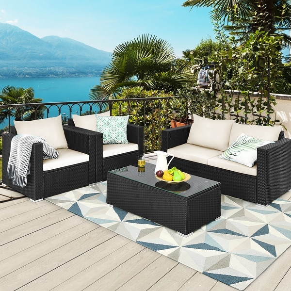 Gymax 4PCS Rattan Patio Conversation Set Outdoor Furniture Set w/