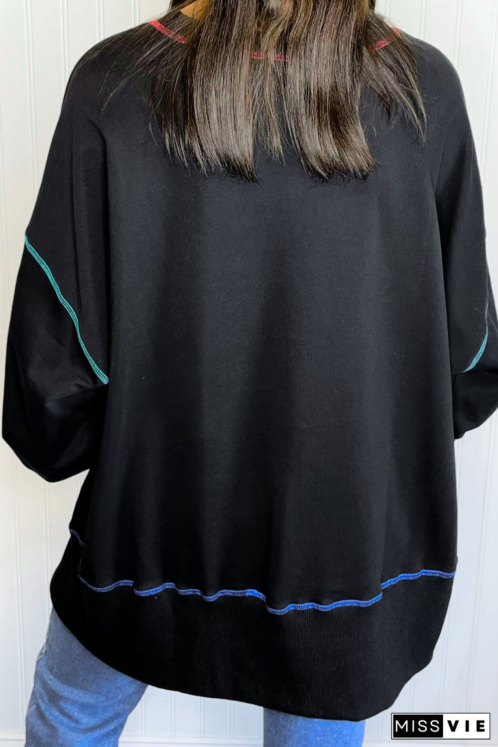 Black Sequin Clover Exposed Seam Split Lantern Sleeve Sweatshirt