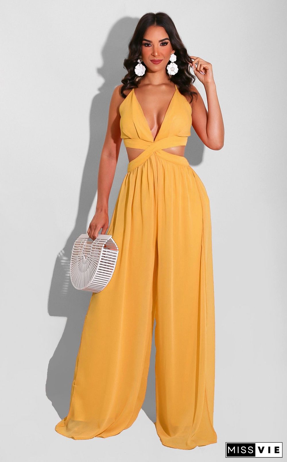 Solid Color Casual Chiffon Women's Jumpsuit Cut Out Backless Romper