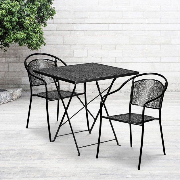 Square Black Folding Patio Table Set 2 Round Back Chairs