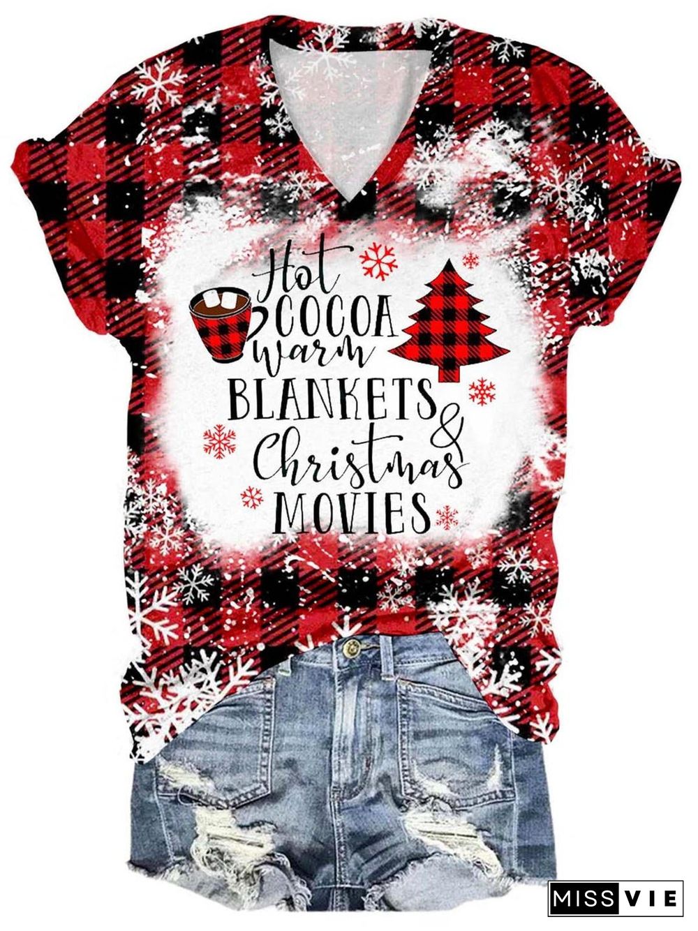 Women's Hot Cocoa Warm Blankets And Christmas Movies Print V-Neck T-Shirt