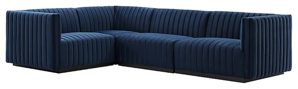 Modway Conjure 4 Piece Performance Velvet Sectional in Black/Midnight Blue   Contemporary   Sectional Sofas   by Homesquare  Houzz