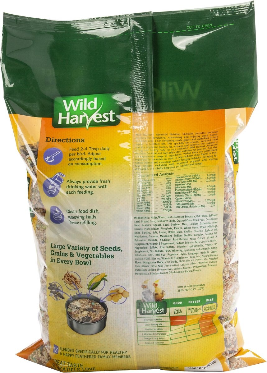 Wild Harvest Advanced Nutrition Seed， Grain and Vegetable Mix Cockatiel Food， 8-lb bag