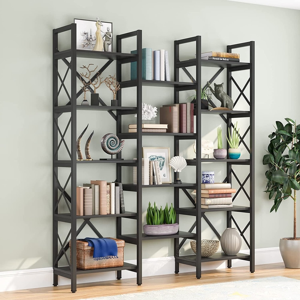 Triple Wide 5 Shelf Bookcase  Etagere Large Open Bookshelf Vintage Industrial Style Shelves Wood and Metal bookcases Furniture