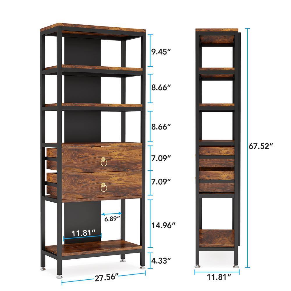 TRIBESIGNS WAY TO ORIGIN Kaduna 27.56 in. Wide Rustic Brown Wood 5-Shelf Free Standing Bookcase with Adjustable LED Light and 2-Drawers ZY-XK22098