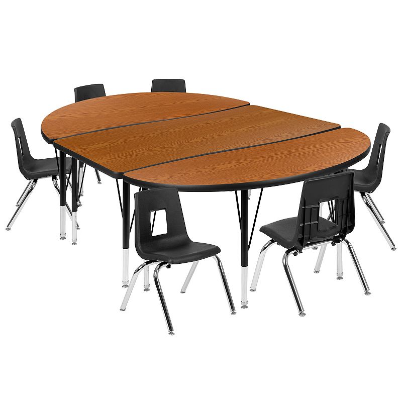 Emma and Oliver 76 Oval Wave Activity Table Set with 12 Student Stack Chairs， Grey/Black