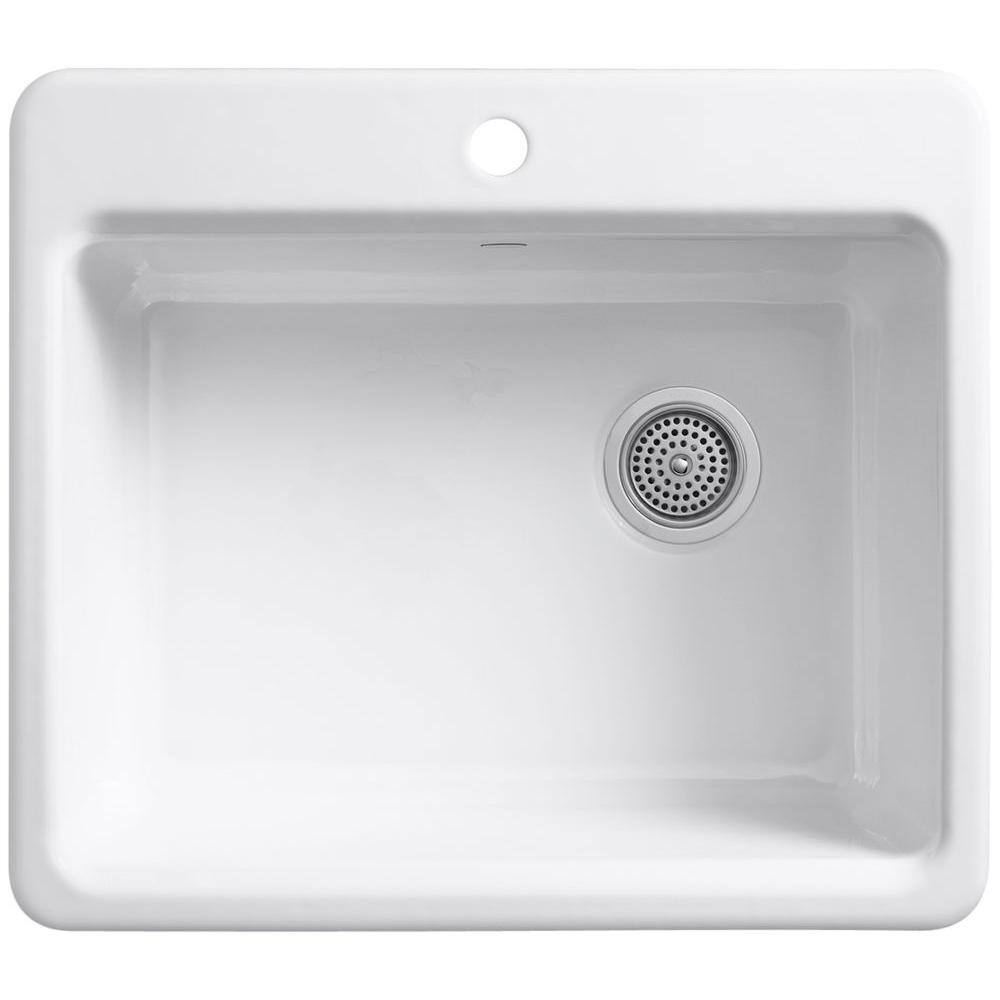 KOHLER Riverby Drop-In Cast Iron 25 in. 1-Hole Single Bowl Kitchen Sink in White with Basin Rack K-5872-1A1-0