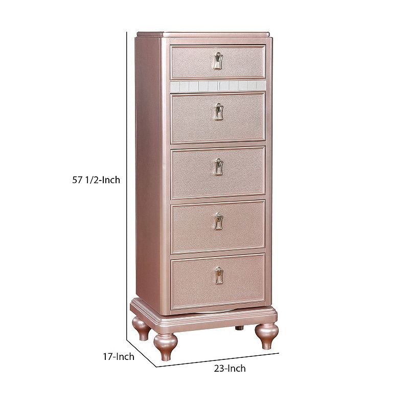 Wooden Frame 5 Drawer Swivel Chest with Mirror Trim， Rose Gold