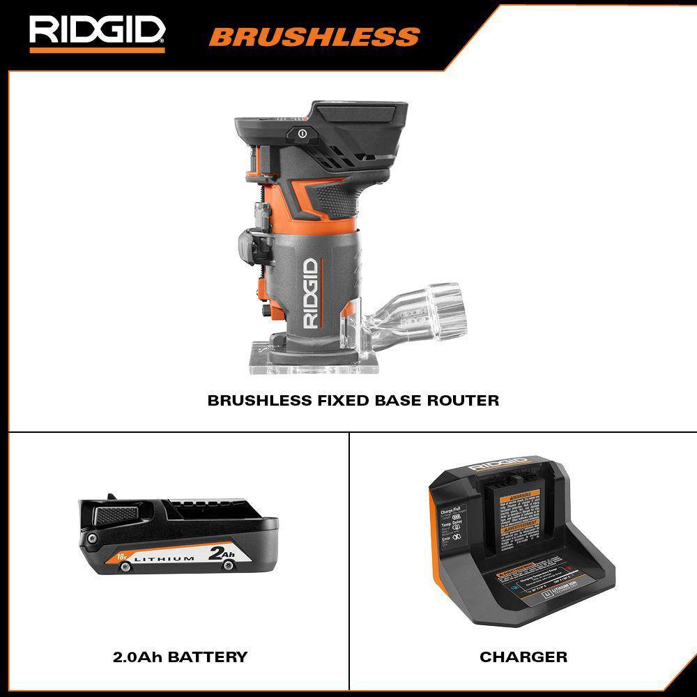 RIDGID 18V OCTANE Brushless Cordless Compact Fixed Base Router Kit w Bit Bases 18V Lithium-Ion 2.0 Ah Battery and Charger R860443B-AC9302