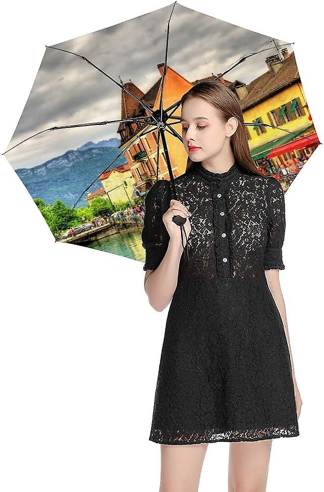 Colourlife Travel Umbrella View Of The Old Town Automatic Windproof Foldable Umbrella For Sun and Rain