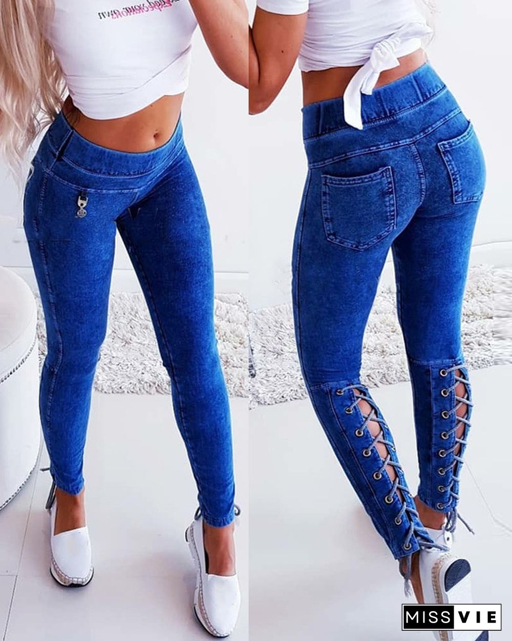 Solid Color Lace-up Skinny Jeans