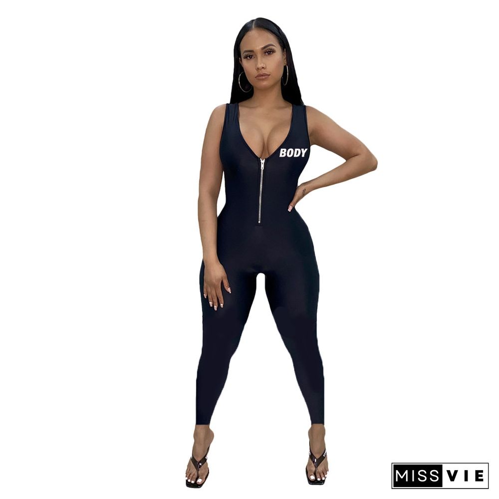 V neck Zipper Sleeveless Bodycon Gym Sports Jumpsuit