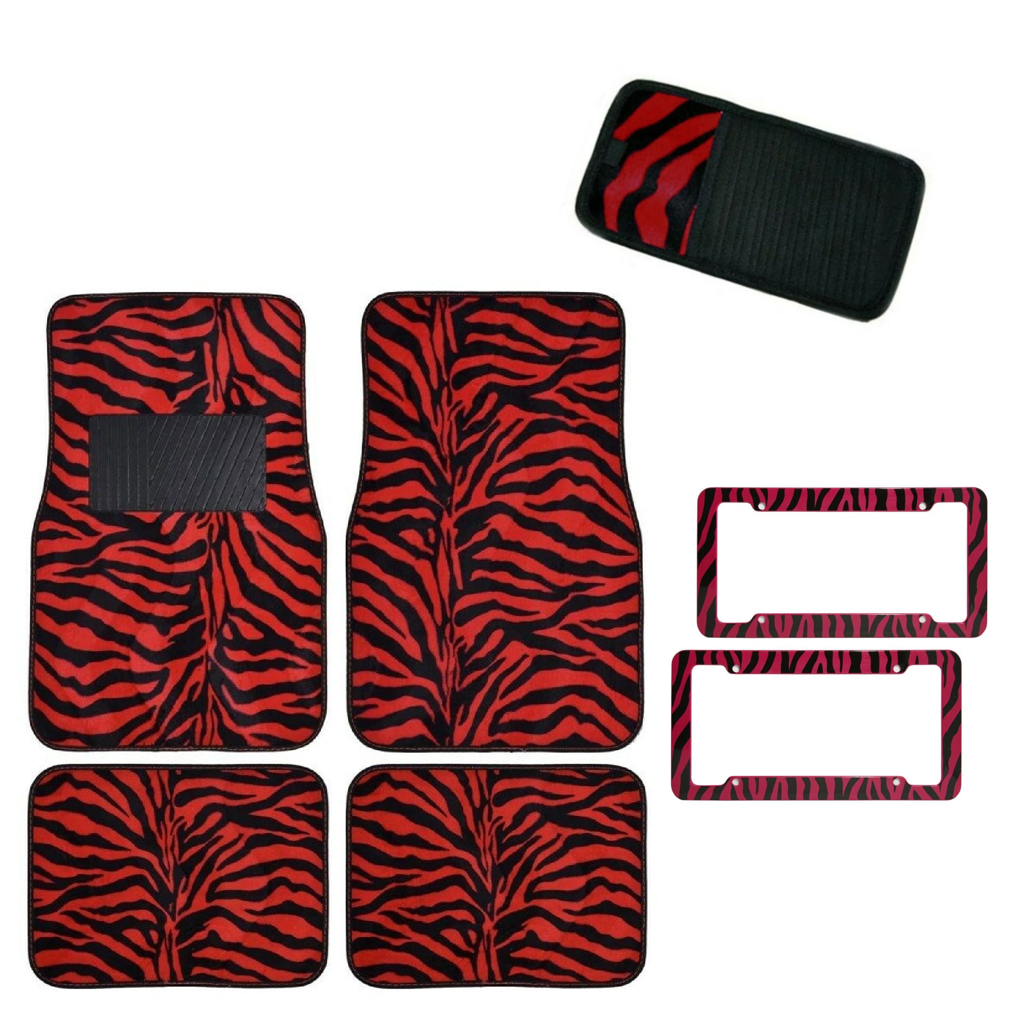 Set of 4 Red Animal Zebra Tiger Print Carpet Floor Mats Bundle For Car Accessories License Plate Frames and CD Visor Holder