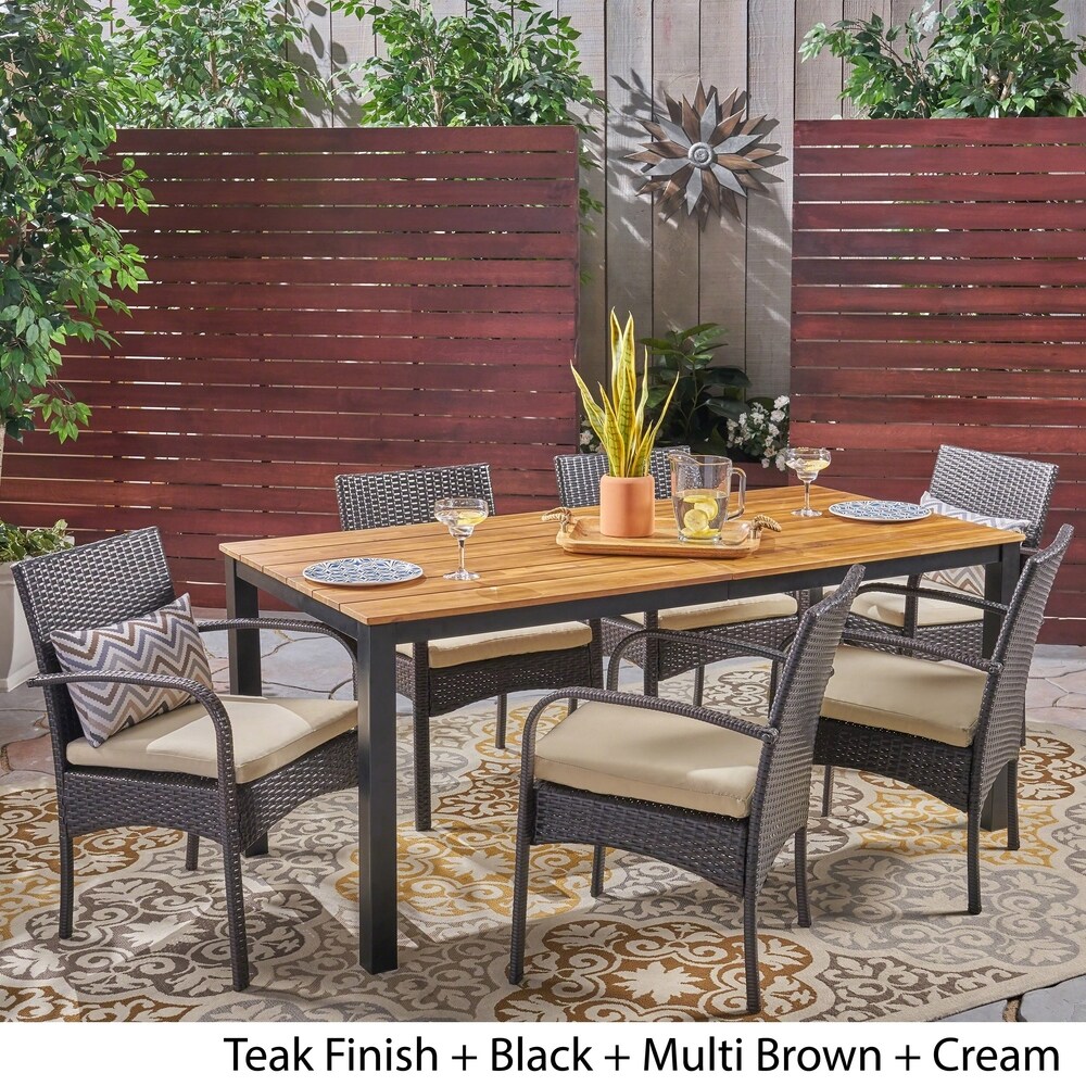 Ballard Outdoor 7 Piece Acacia Wood Dining Set with Wicker Chairs by Christopher Knight Home