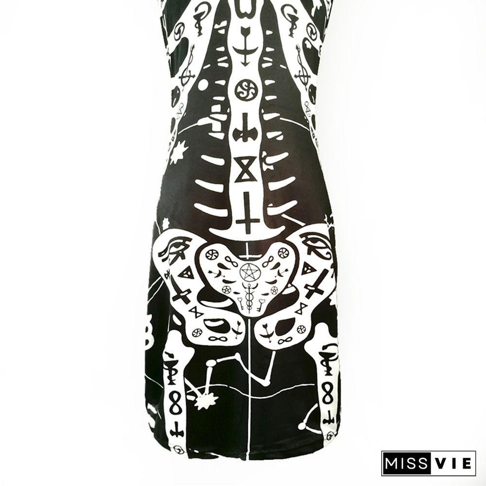 Goth Dress Summer Women Sleeveless Hollow Out Mini Dress Graphic Skeleton Print Clubwear Y2k Dark Academia Clothes