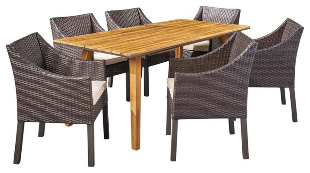 Noble House Sylvan 7 Piece Wooden Patio Dining Set in Teak   Tropical   Outdoor Dining Sets   by Homesquare  Houzz