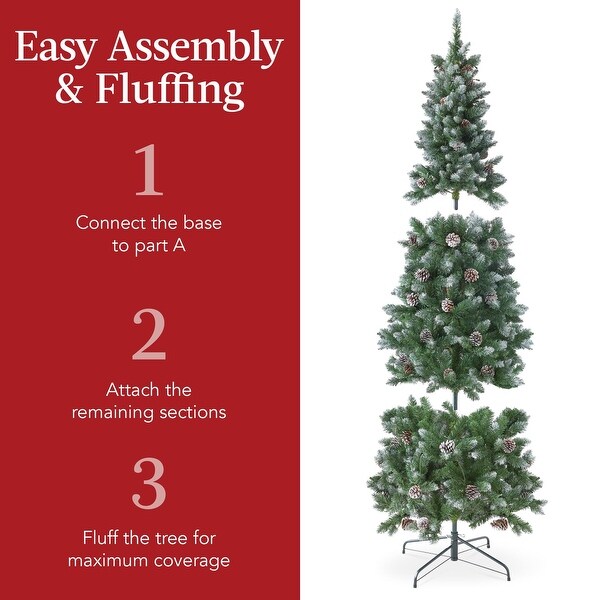 7.5ft Prelit Pencil Christmas Tree，Partially Flocked and Frosted Slim Holiday Tree Decoration，Skinny Xmas Tree，350 Lights