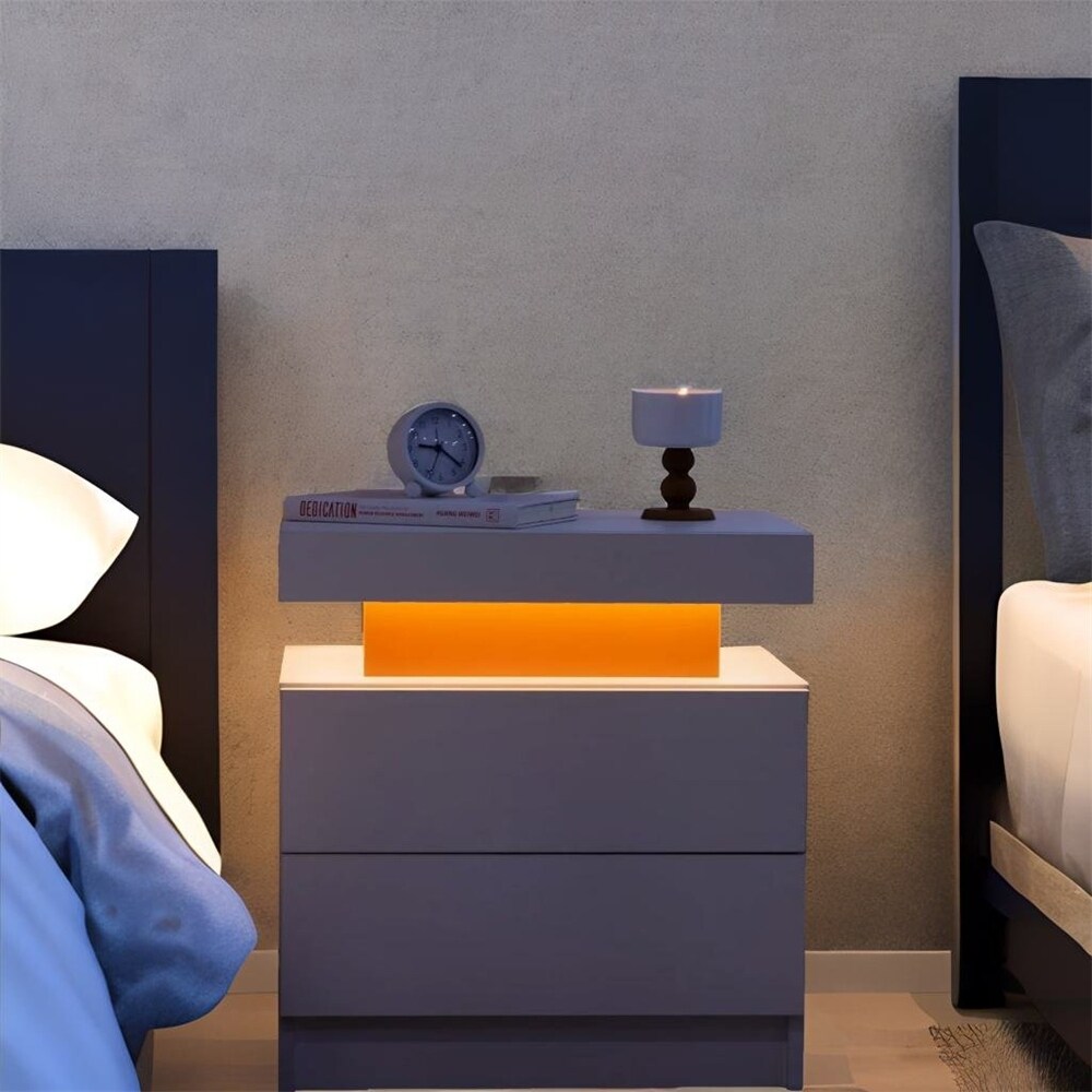 Modern Wood LED Nightstand with 2 Drawers