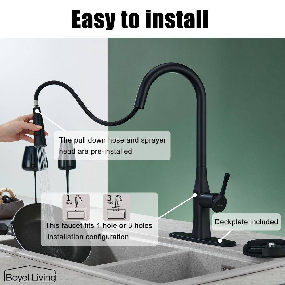 Boyel Living Single Handle No Sensor Pull Down Sprayer Kitchen Faucet with Deckplate Included and Glass Rinser in Matte Black BL-D3541-MB