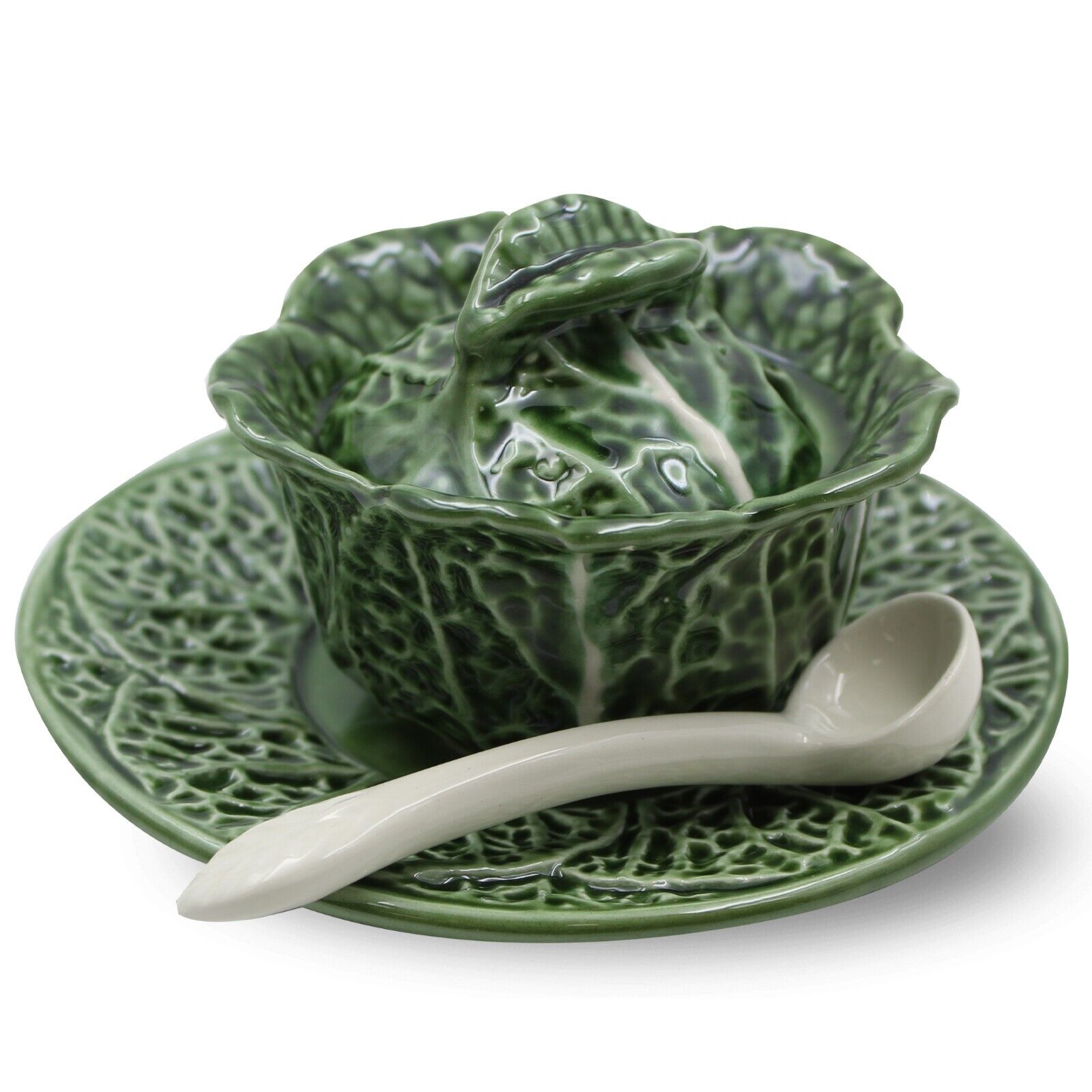 Hand-Painted Ceramic Cabbage Small Sugar Bowl with Spoon， Lid， and Saucer