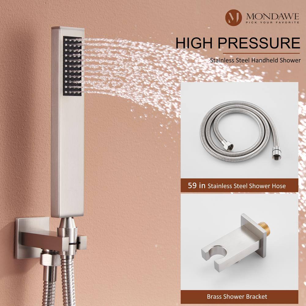 Mondawe LED Display 3 Spray Patterns 12in. Ceiling Mount Fixed and Handheld Shower Head in Brushed Nickel 2.5 GPM Valve Included WFNI6025-12BN