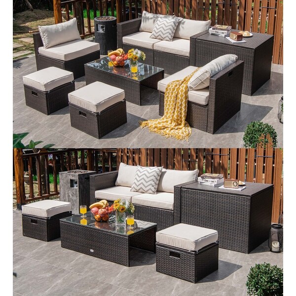 Costway 8PCS Patio Rattan Furniture Set SpaceSaving Storage Cushion