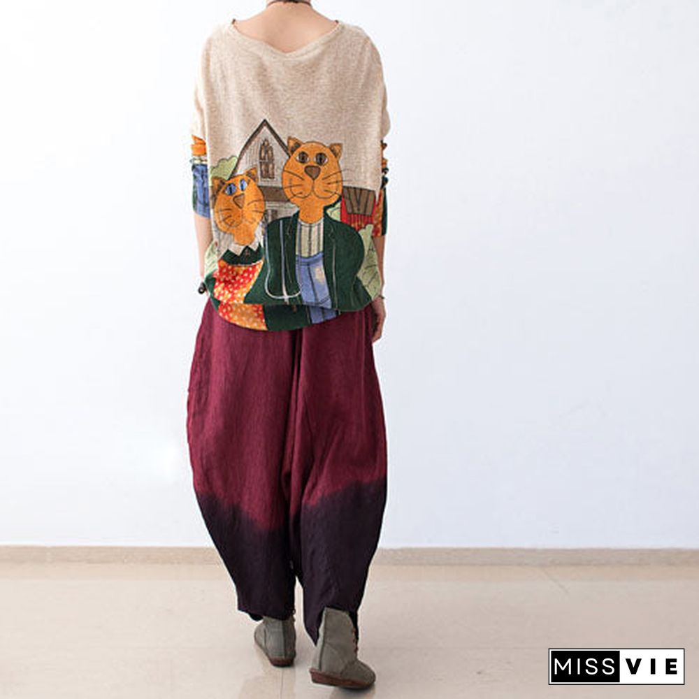 autumn pants gradient burgundy linen pants loose harem pants