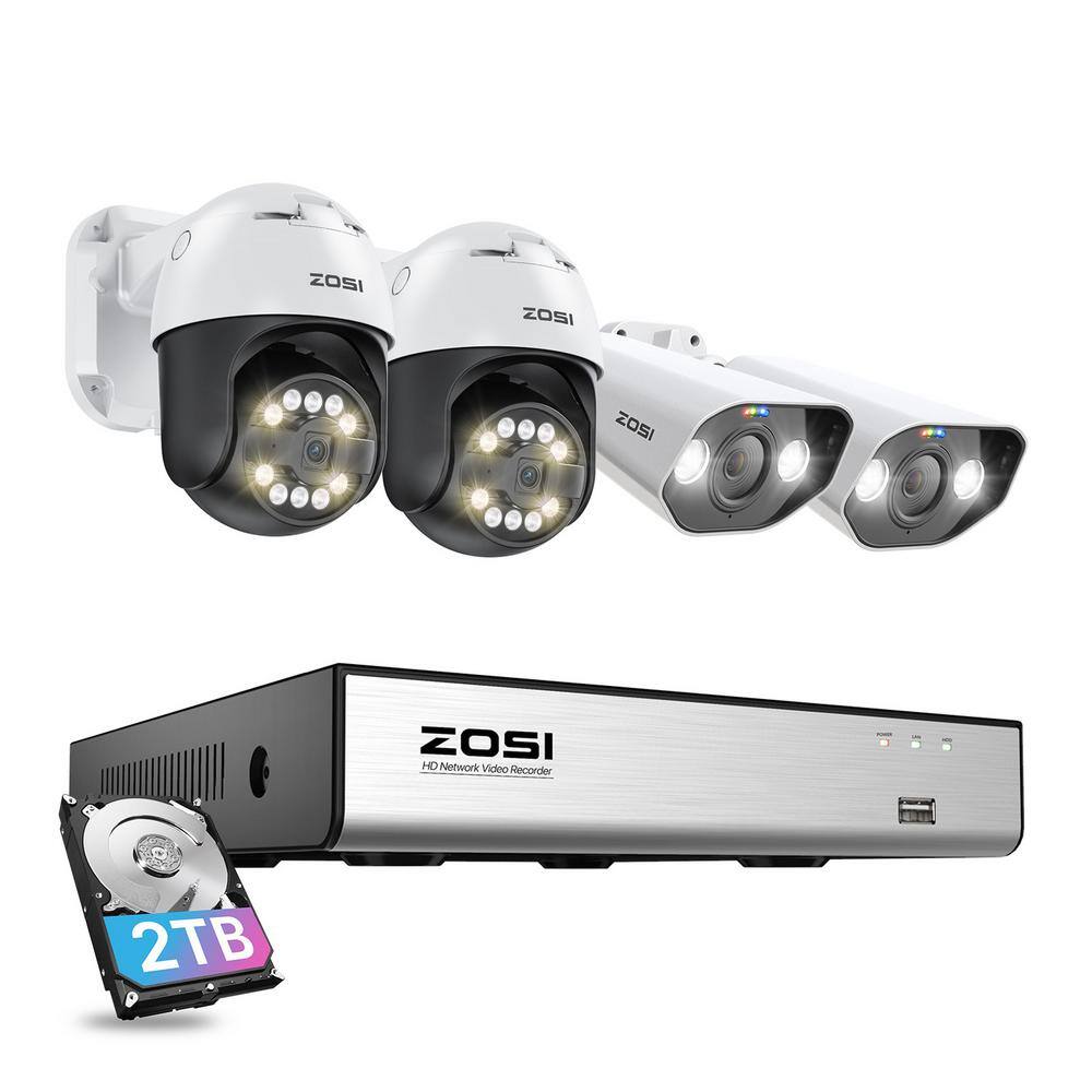 ZOSI 4K 8-Channel 2TB POE NVR Security Camera System with 4 Wired 5MP PTZ Bullet Outdoor Cameras Person Vehicle Detection 8SQ-1825X2965W2-20-US-A2