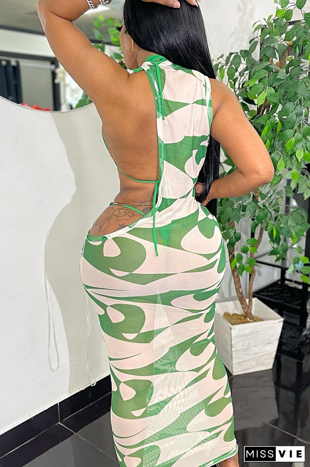 Halter Camo Print Irregular Cut Out Cover Up Sleeveless Midi Dress