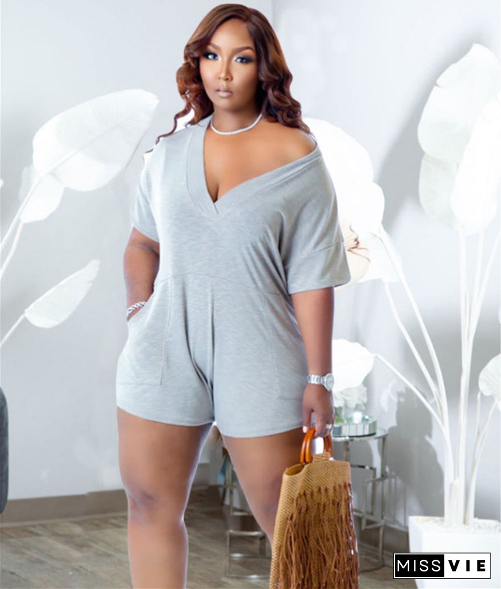 Plus Size Short Sleeve V Neck Loose Casual Rompers