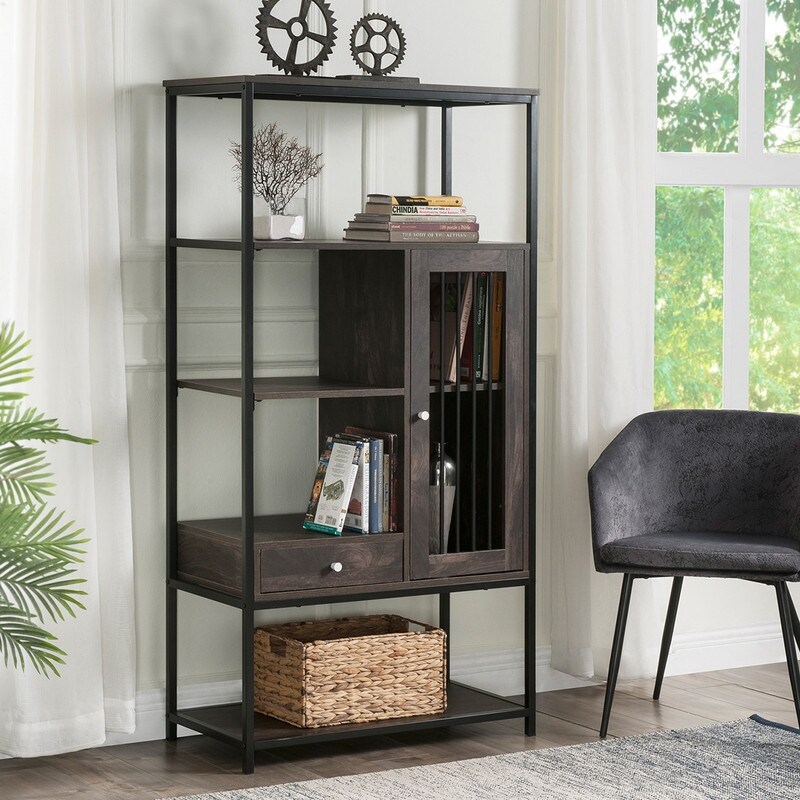 Vintage Brown 5 Tier Bookcase and Bookshelf with Doors and Drawers