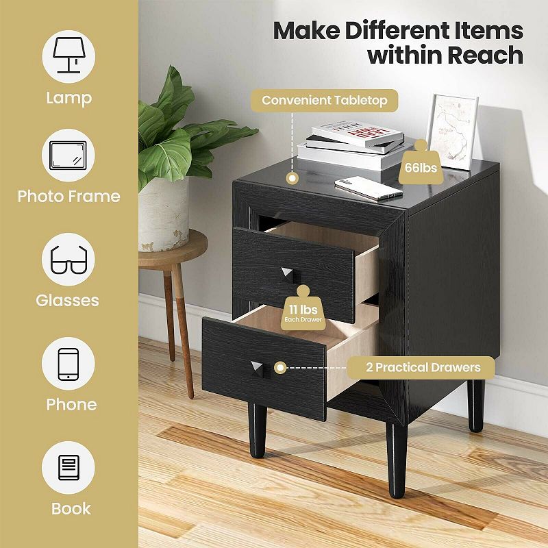 2 Pieces Multipurpose Retro Nightstand with 2 Drawers