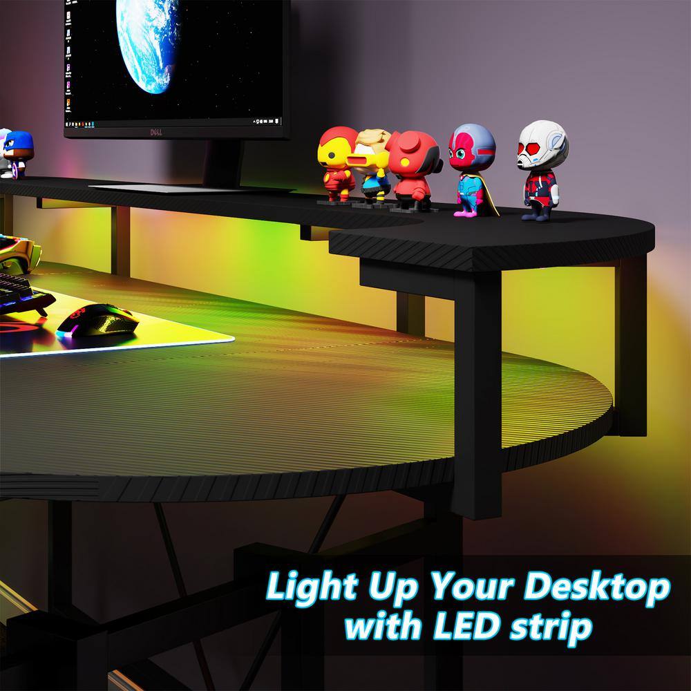 TRIBESIGNS WAY TO ORIGIN Halseey 75 in. Black Wood and Metal Computer Desk Writing Gaming Desk with Led Strip Monitor Stand HD-XK00231-HYF