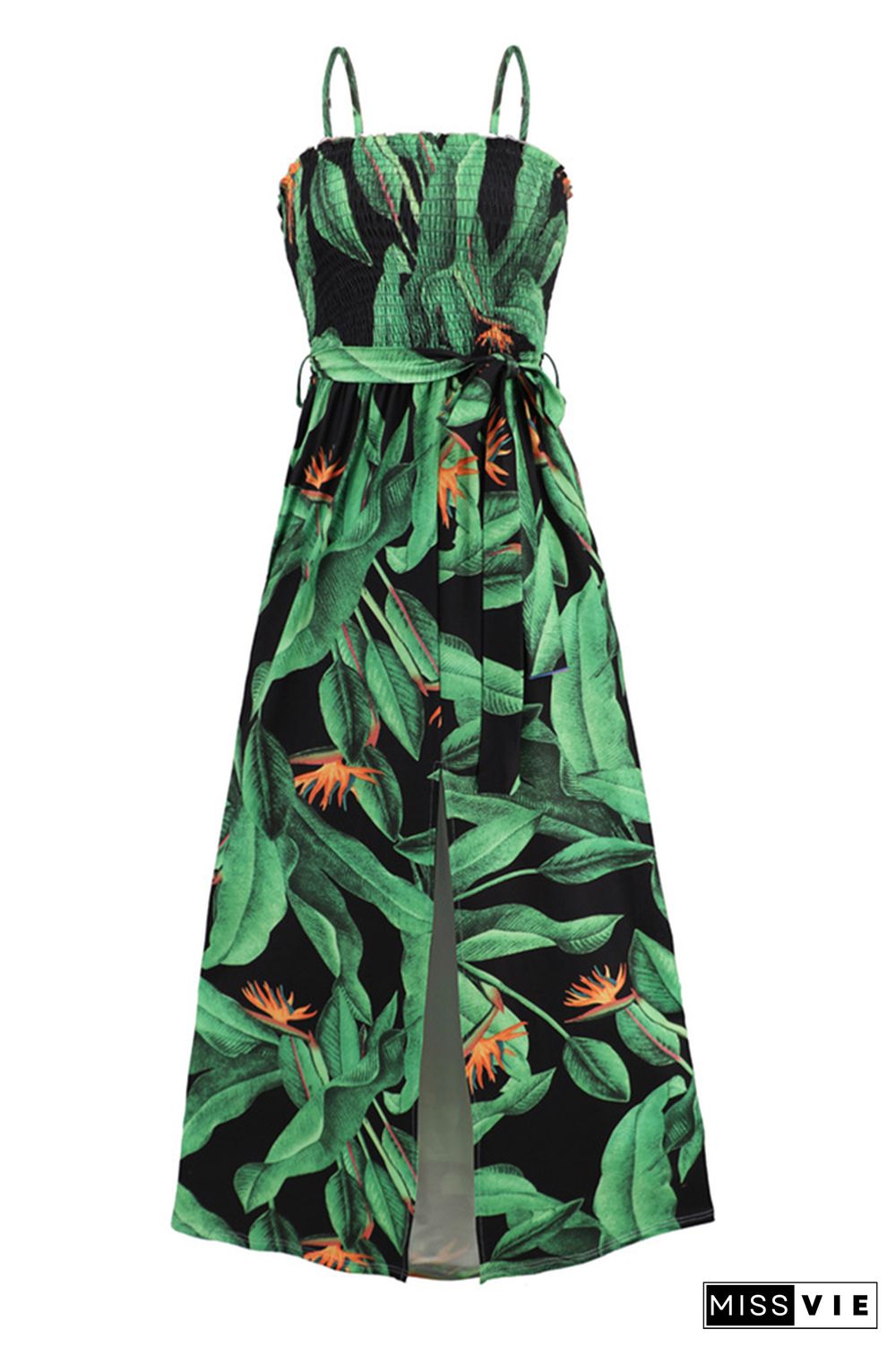 Tropical Print Smocked Top Spagetti Strap Maxi Dress