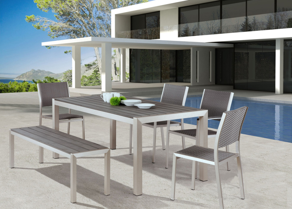 Modern Outdoor Brushed Aluminum Faux Wood Dining Bench   Contemporary   Outdoor Benches   by Plush Pod Decor  Houzz