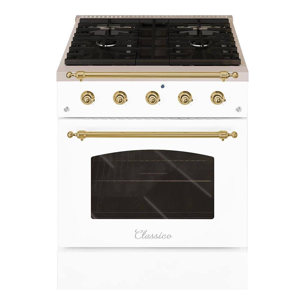 Hallman CLASSICO 30 in. 4.2 Cu. ft. 4 Burner Freestanding All Gas Range with Gas Stove and Gas Oven White with Brass Trim HCLRG30BSWT