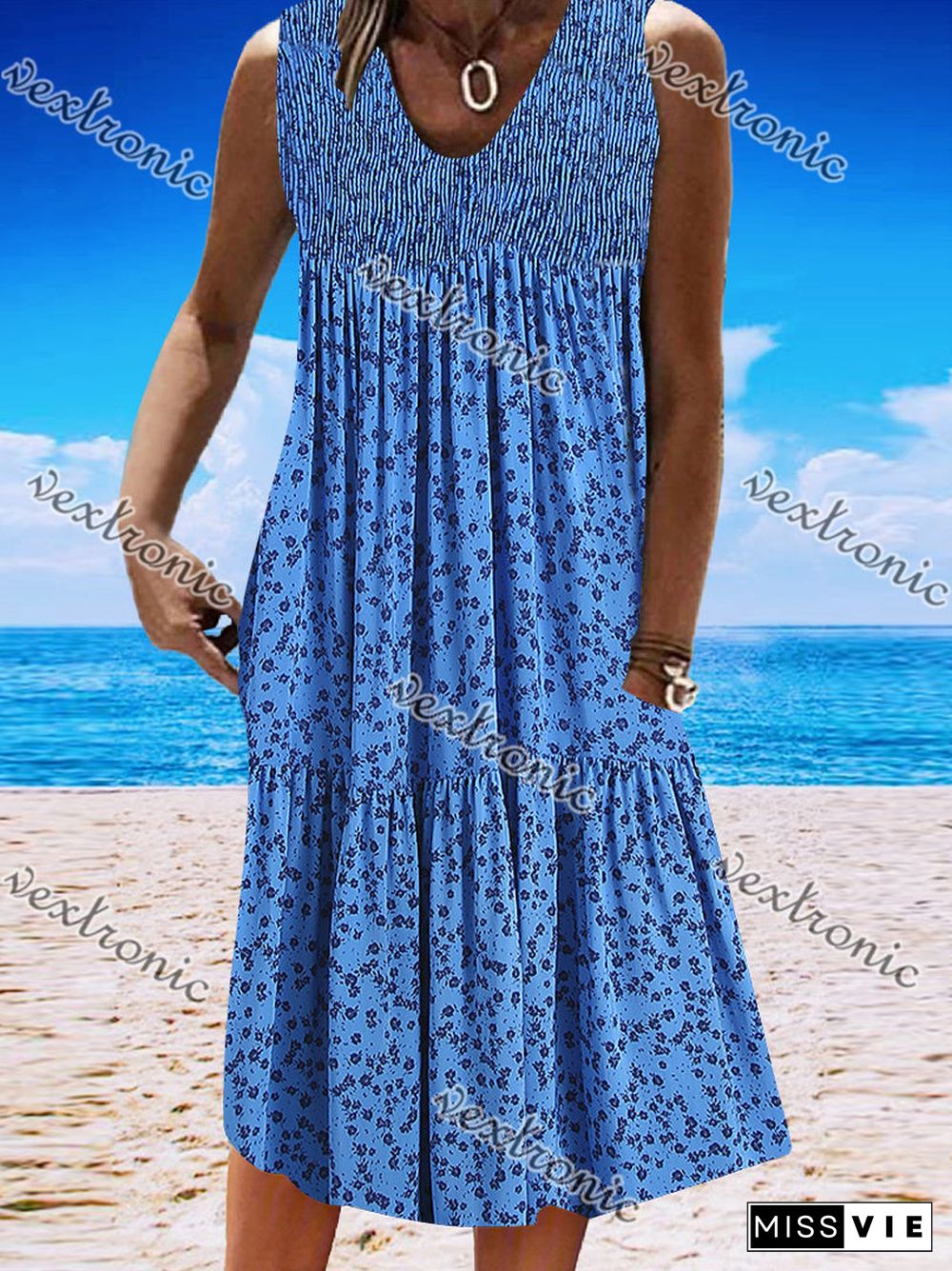 Women's Blue Sleeveless V-neck Graphic Floral Printed Midi Dress