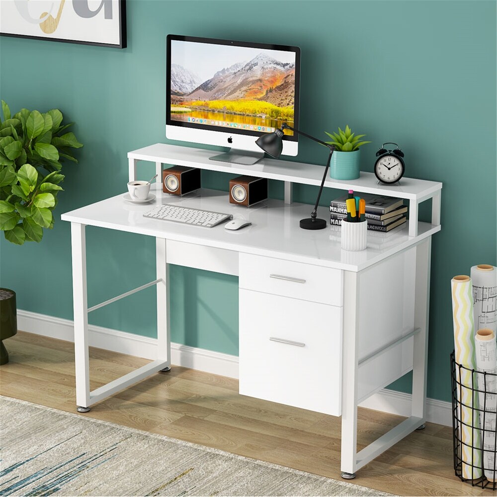 47 Inches White Computer Desk with Hutch  Home Office Desks with 2 Drawers Storage