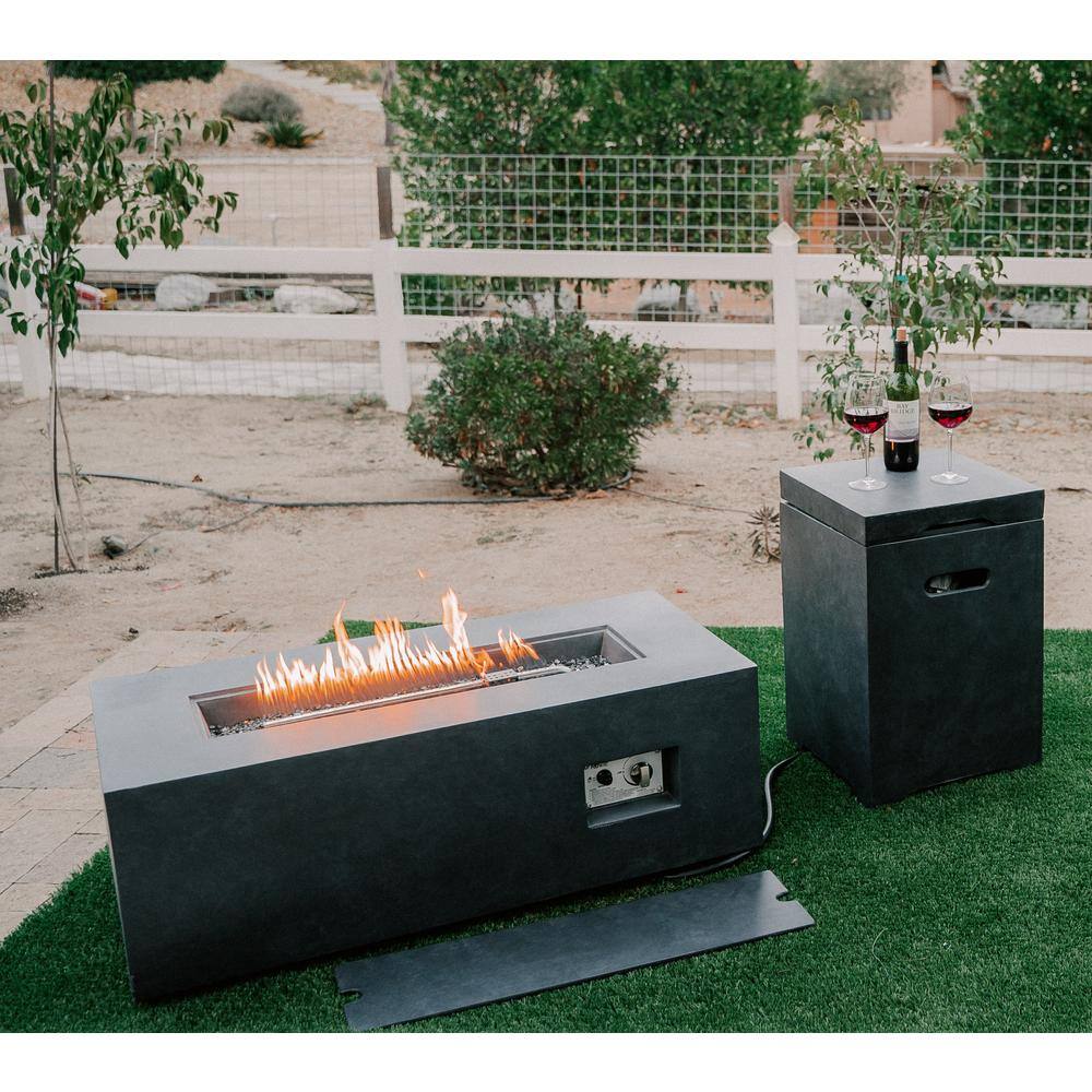 KANTE 42 in. W x 15.4 in. H Outdoor Rectangular Concrete Metal Propane Gas Fire Pit Table in Charcoal with Tank Cover Box RMFP-R01SET-60121