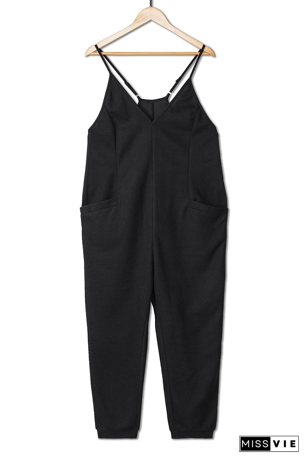 Black Textured Sleeveless V-Neck Pocketed Casual Jumpsuit