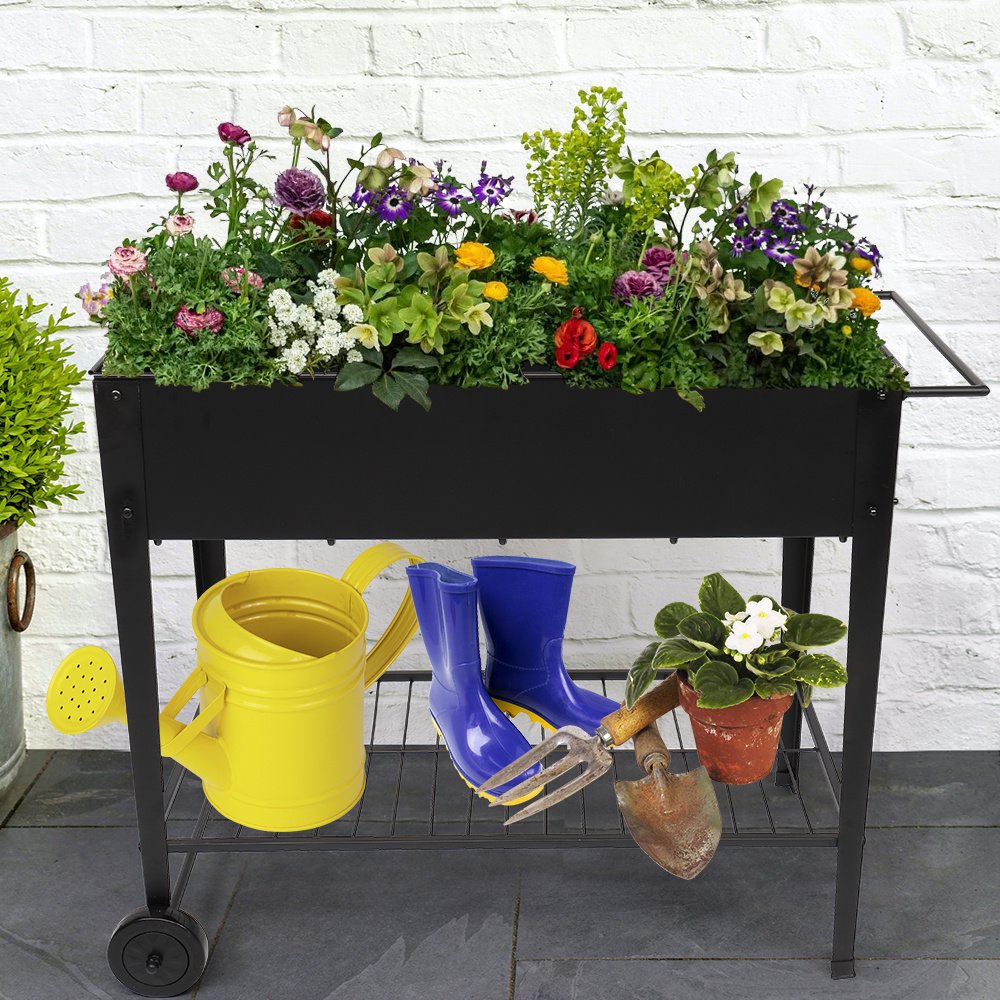 Raised Planter Box Outdoor with Legs Outdoor Elevated Garden Bed with Wheels for Vegetables Flowers Herb Planting Black