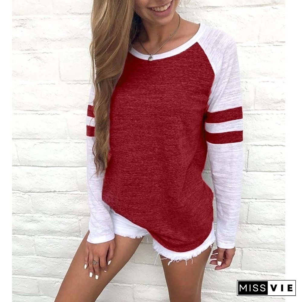 XS-8XL Autumn and Winter Tops Plus Size Fashion Clothes Women's Casual Loose T-shirts Striped Blouses Ladies O-neck Block Color Cotton Pullover Sweatshirts Long Sleeve Tee Shirts