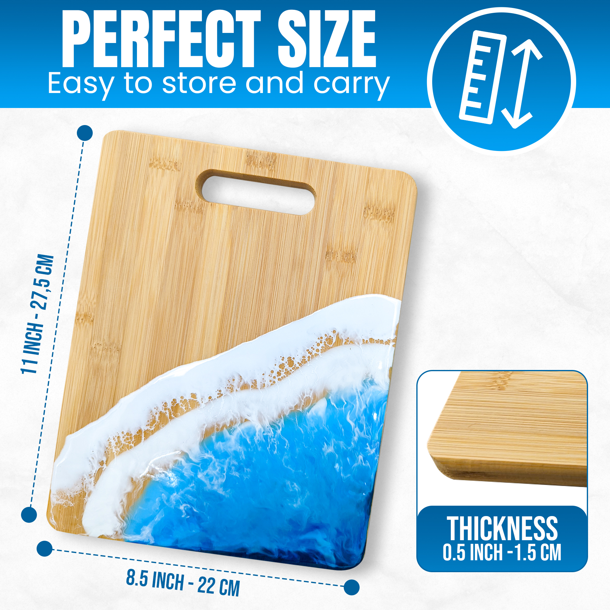 Bamboo Ocean Epoxy Resin Cutting Board – 11x8.5x0.5in Charcuterie Board w/Handle， Home and Commercial Use – Eco-friendly Multiple Bamboo Wood Cheese Board