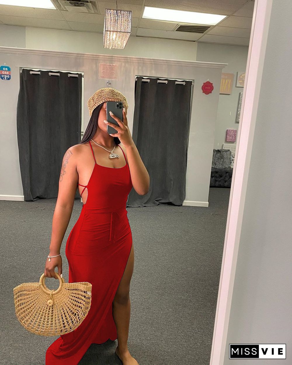 Women Sexy Solid Backless Halter Sling Bandage High Side Slit Slinky Evening Party Long Maxi Dress