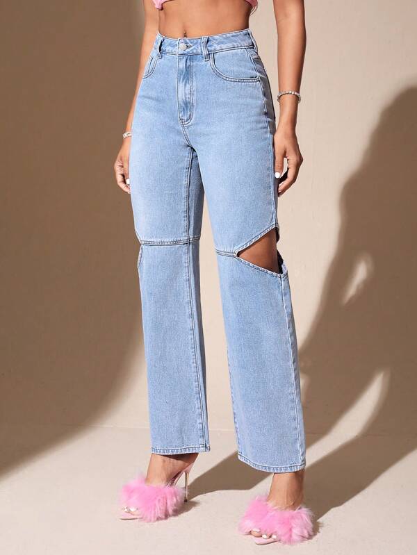 Cut Out Straight Leg Jeans